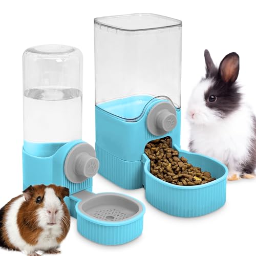 Fhiny Rabbit Food & Water Dispenser, Large Capacity Gravity Guinea Pig Feeder and Waterer Set for Cage Hanging Automatic Bunny Feeder for Bunny Guinea Pig Chinchilla Ferret Cat Puppy - color: Blue