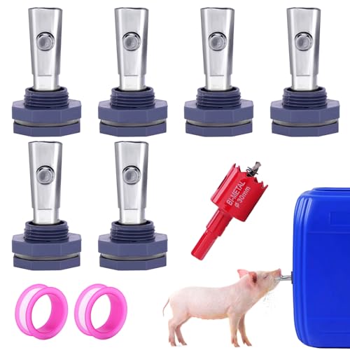 6 PCS Pig Waterer Nipple Stainless Steel Hog Nipple Waterer Kit | with Plastics Water Tank Connector Hole Opener, Poultry Watering Systems, Pig Waterer Feeder for Hog Piglets Livestock