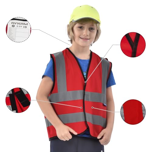 AYKRM Kids High visibility viz vest hi vis viz reflective safety vests - color: Red, size: 10-14Y