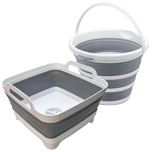 MontNorth Collapsible Basin Bucket,9L Collapsible Dishpan with Drain Plug for Kitchen Sink,5L Portable Foldable Small Plastic Water Supplies for Outdoor Garden Camping Fishing Car Wash(Sets of 2) - color: Gray - Set of 2