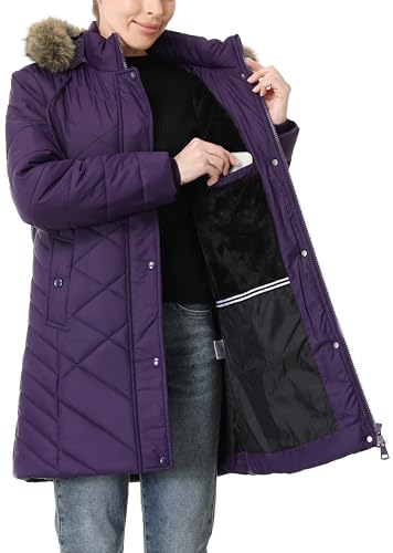 Women's Long Warm Winter Coat Windproof Thickened Fleece Lined Down Jacket Waterproof Puffer Outerwear with Removable Hood - color: Purple, size: Medium