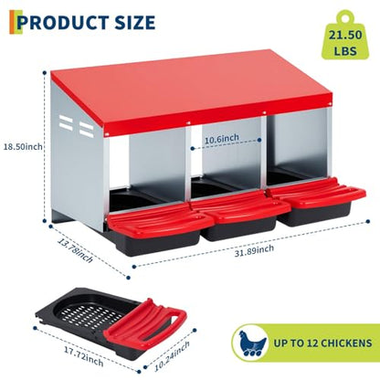 PioneerWorks Chicken Nesting Boxes for Laying Eggs, 3 Compartment Metal Hen Nest Box with Swing Perch & Rollout Egg Collection, Red Chicken Coop Accessories, Easy to Clean, Durable Design
