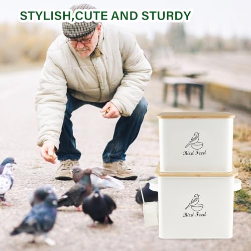 Airtight Bird Seed Storage Container Set of 2, 10LB Metal Bird Food Container with Bamboo Lids,Wild Bird Seed Tin for Storing Sunflower Seed-Squirrel proof -White - color: White(Bird Feed)