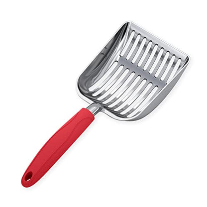 WePet Cat Litter Scoop, Aluminum Alloy Sifter, Kitty Metal Scooper, Deep Shovel, Long Handle, Poop Sifting, Kitten Pooper Lifter, Durable, Heavy Duty, for Litter Box - color: POLISHED Aluminum \ #08 Red Handle, size: Small