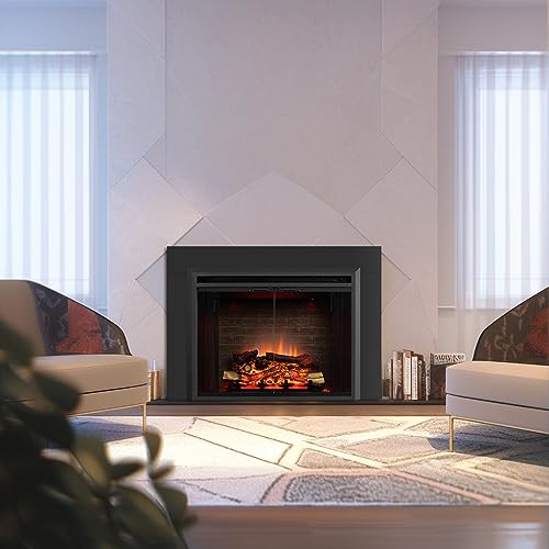 PuraFlame Klaus 33” Electric Fireplace Insert with Trim Kit, Fire Crackling Sound, Resin Log, Glass Door and Mesh Screen, 750/1500W Heater, Black - size: 33" with Trim