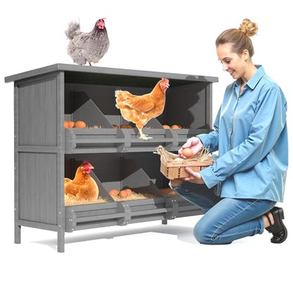 2-Tier Nesting Boxes for Chickens, 6-Compartment, Wooden Chicken Nesting Box for Laying Eggs, Chicken Laying Boxes with Perch, Solid Wood Egg Laying Box for Hens, Ducks, 1 Pack - size: 45.3" x 17.7" x 34.6"