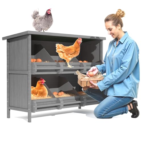 2-Tier Nesting Boxes for Chickens, 6-Compartment, Wooden Chicken Nesting Box for Laying Eggs, Chicken Laying Boxes with Perch, Solid Wood Egg Laying Box for Hens, Ducks, 1 Pack - size: 45.3" x 17.7" x 34.6"