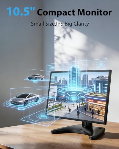 Small Security Monitor for Camera Mini PC: Metal Case,10.5 inch 16:10 1920×1280, HDMI & VGA Port,Dual Speakers,High Brightness,with Moon Stand,for Office,Bedroom,Retro Gaming CCTV,Portable Travel