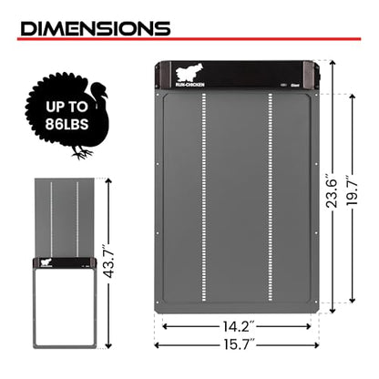 RUN-CHICKEN Door Giant – Large Automatic Poultry Coop Door for Ducks & Turkeys, Not for Chickens, Battery Powered/Solar Compatible, Heavy-Duty Aluminum, Predator Proof, Easy Install (Gray)