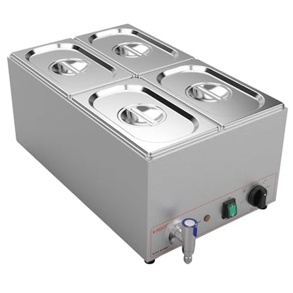 Valgus Commercial Stainless Steel 4 Sections Bain Marie Food Warmer 16 Qt | Buffet Server with Lid and Tap, 900W Power, 86-185°F Range, Dry Burn Protection, Suitable for Both Commercial Use and Home - size: 4 Sections with Tap