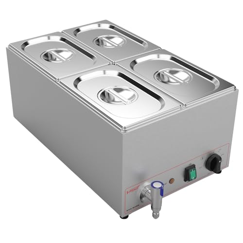 Valgus Commercial Stainless Steel 4 Sections Bain Marie Food Warmer 16 Qt | Buffet Server with Lid and Tap, 900W Power, 86-185°F Range, Dry Burn Protection, Suitable for Both Commercial Use and Home - size: 4 Sections with Tap