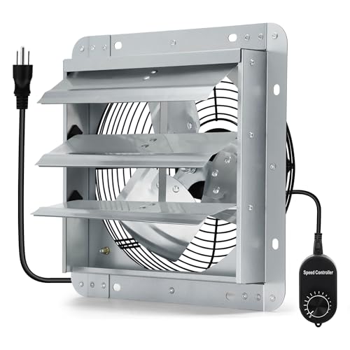 12 Inch Shutter Exhaust Fan with Speed Controller and Power Cord, Wall Mount Attic Fan for Greenhouses, Sheds, Garages, Chicken Coops, Barns Ventilation, 970 CFM - color: with Power Cord & Speed Controller, size: 12 Inch