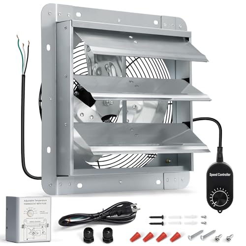 14 Inch Shutter Exhaust Fan, High Power Wall Mount Attic Fan with Thermostat and Speed Controller for Greenhouses, Sheds, Garages, Chicken Coops, Barns Ventilation, 1088 CFM - color: with Power Cord & Speed Controller & Thermostat, size: 14 Inch