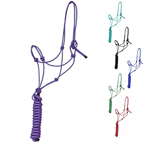 Majestic Ally 1/4" Rope 4 Knot Stiff Polyester Training Halter with 10’ Matching Lead Rope for Horses – Full (Purple, Full) - color: Purple, size: full