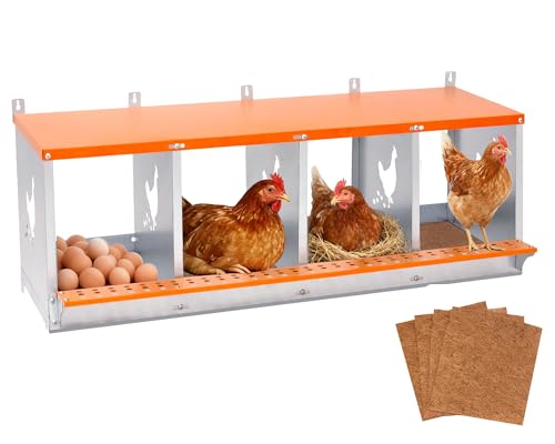 Yafylly Chicken Nesting Box, 4 Compartment Metal Nesting Boxes for Chickens, Wall Mountable Chicken Laying Boxes, Easy Egg Collection, with Nesting Pads, Indoor & Outdoor Use, 42.5" L x 17" W x 15" H - color: Orange, size: 4 Compartment