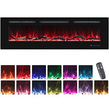65 Inch Electric Fireplaces Inserts, Recessed & Wall-Mounted Fireplace Heater with Thermostat, Multicolor Flames,Timer, Log & Crystal, 750/1500W Black - size: 65 inch