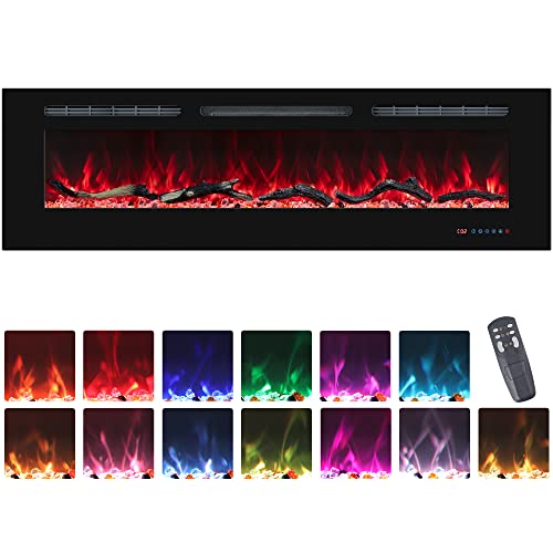 65 Inch Electric Fireplaces Inserts, Recessed & Wall-Mounted Fireplace Heater with Thermostat, Multicolor Flames,Timer, Log & Crystal, 750/1500W Black - size: 65 inch