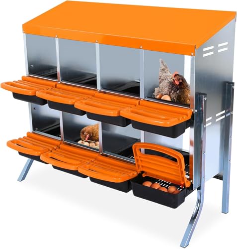 8 Hole Chicken Nesting Box, Nesting Boxes for Chickens Roll-Away Egg Collection System with Ventilation Holes Rustproof Plastic Tray & Keyhole Mounting, Chicken Laying Box for Hen & Duck with Leg - color: Orange, size: 8 holes with legs