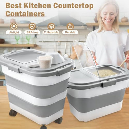 Komzon Rice Storage Container, Collapsible Airtight Food Storage Containers 20-30 Lbs, Rice Dispenser Bin with Cup and Scoop for Flour Cereal Pasta Grain, Cat Bird Pet Dog Food Storage Container - size: 20-30 Lbs