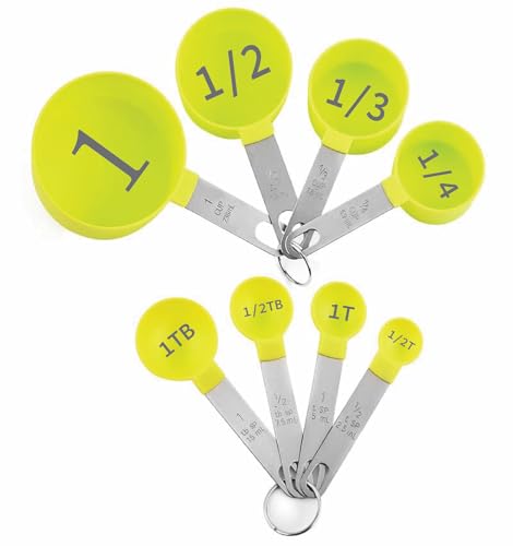 Easy to Read Measuring Cups & Spoons Set for Visually Impaired, Stackable Cups and Spoons, Nesting Measure Cups with Stainless Steel Handle (Green) - color: Green
