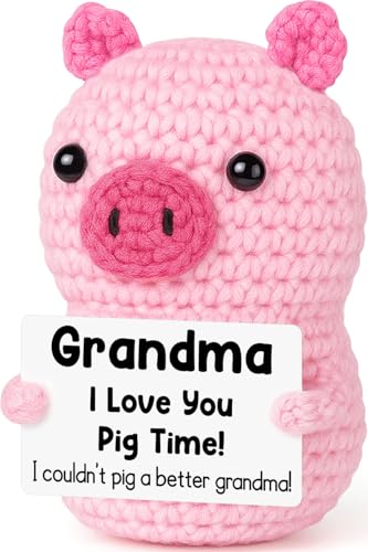 GevGuxLuo Funny Positive Pig Birthday Gifts for Grandma Women,Handmade Crochet Animals Pig Grandma Gifts from Granddaughter Grandson for Birthday Positive Cute Desk Decor - style: Grandma