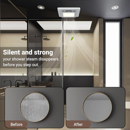 10 Inch Panel Bathroom Exhaust Fan with Light, 77CFM 1.1 Sones Square Quiet Bathroom Fan with 12W 6500K LED Light Combo, 4 Inch Duct Ceiling Mount for Home/Bath/Office/Hotel, White - size: square
