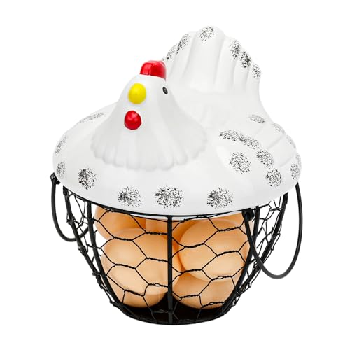 Metal Wire Egg Basket Ceramic Lid Farm Kitchen Egg Storage Holder | Wire Egg Collection Baskets for Gathering Eggs,Decorative Egg Holder Container for Farmhouse,Kitchen, and Countertop