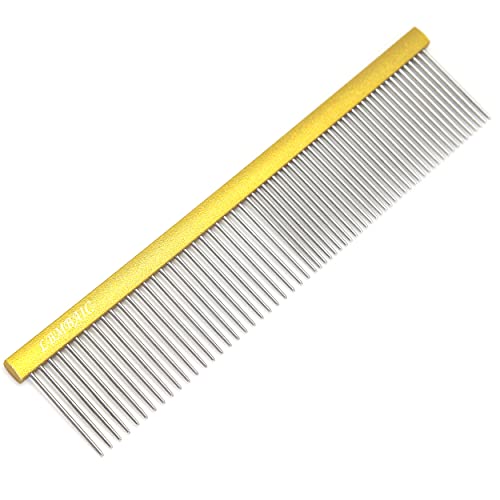 Professional Dog Grooming Comb for Shedding, Tangles, Knots, and Mats - Metal Gold Dog Comb with Long and Wide Tooth for Long Hair Dogs and Cats - No Hurt Pets Skin - 7.5INCHES - 1PC - color: gold, size: Medium