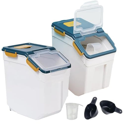 Large Flour Storage Container Bin 25lb, 2Pack Airtight Rice Storage Containers with Measuring Cup&Scoop, BPA Free with Wheels Seal Locking Lid for Flour, Rice, Grain (50LBS Total, Blue) - color: 25bl,2pcs,blue