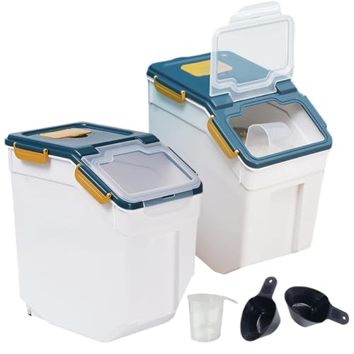Large Flour Storage Container Bin 25lb, 2Pack Airtight Rice Storage Containers with Measuring Cup&Scoop, BPA Free with Wheels Seal Locking Lid for Flour, Rice, Grain (50LBS Total, Blue) - color: 25bl,2pcs,blue