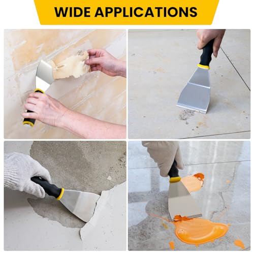 Mister Rui 3" Bent Scraper, Heavy Duty Paint Scraper Tool with Pole Socket Hammer End, Stainless Steel Bent Blade with Anti Slip Rubber Handle, Curved Floor Scraper for Cleaning, Removing, Repairing - color: Yellow