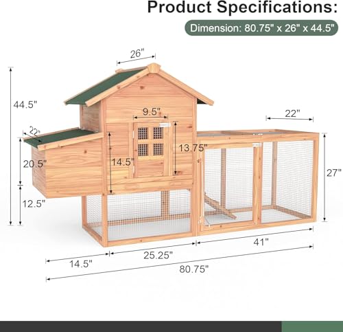Morngardo Outdoor Chicken Coop for 2-4 Chickens, Wooden Hen House Poultry Cage Rabbit Hutch with Ramp, Nesting Box, Tray, Roosting Bar, 4 Access Areas