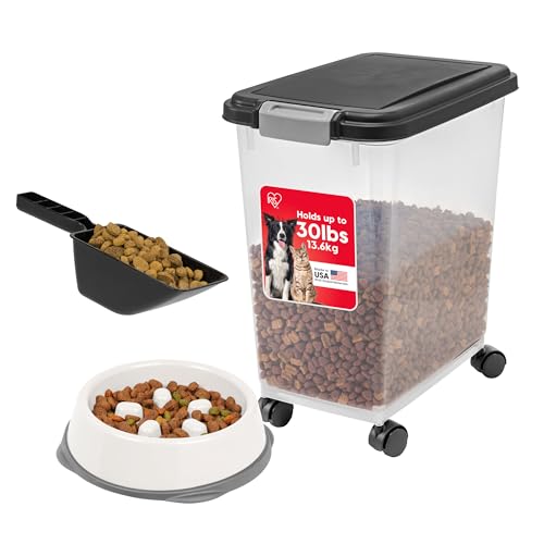 IRIS USA Airtight Dog Food Storage Container with 2-Cup Scoop and Slow Feeder Bowl Combo, Up to 30 lbs Pet Food Bin with Attachable Wheels, Anti-Slip Short Snouted Bowl, Easy to Clean, BPA Free, Black - color: Black, size: 30 lbs - 1 Pack