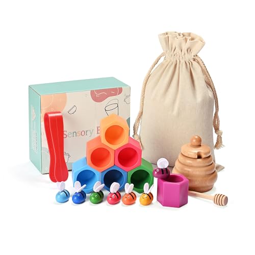 Sorting Stacking Wooden Sensory Bin Tools for Toddlers, Bee Hive Toy, Montessori Educational Gift for 3-5 Years Old, Fine Motor Skill Learning Toys - style: Colored Bee Toys set