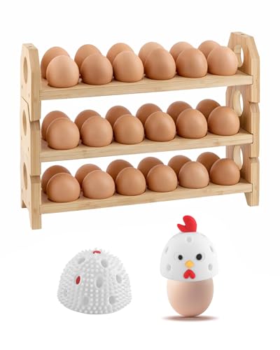 Bamboo Egg Holder Countertop with Silicone Egg Cleaner, 3-Tier Egg Holder for 36 Eggs, Stackable Design for Fresh Eggs, Farmhouse Egg Tray Storage Display Rack，Fits Quail, Duck, Chicken Eggs - color: 3-Tier with egg washer