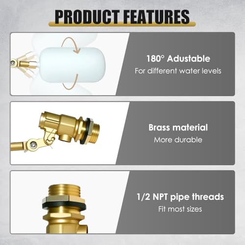 Adjustable Arm Water Level Control Shut Off Valve for Water Tanks,Fully Automatic Brass Construction Drinking Bowl for Cattle and Sheep Float Valve, Suitable for Pigs, Dogs, Horses, Donkeys, Mule (1)