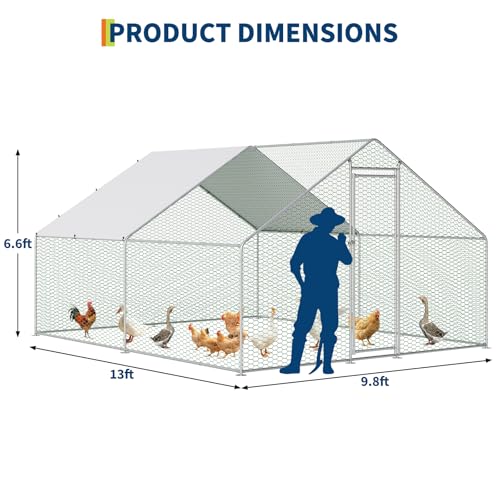 IDEALHOUSE Walk-in Chicken Run Pen, Galvanized Steel Frame, Waterproof and UV-Resistant Cover, Spire Roof, 10 x 13 ft Outdoor Poultry Enclosure for Chickens Ducks Rabbits - size: 9.8*13.1*6.5ft