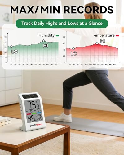 BALDR Indoor Thermometer Hygrometer, Solar Power with Battery Backup, Large Display, Daily Max/Min & Comfort Indicator Humidity Meter - color: Grey