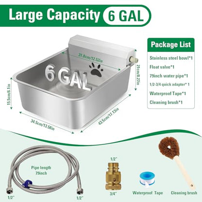6 Gallons Automatic Animal Water Dispenser X-Large Stainless Steel | Outdoor Waterer Bowl, For Dogs & Chicken, Auto Fill Livestock Water Trough, With 2m Hose, 13.6"x17"x9"