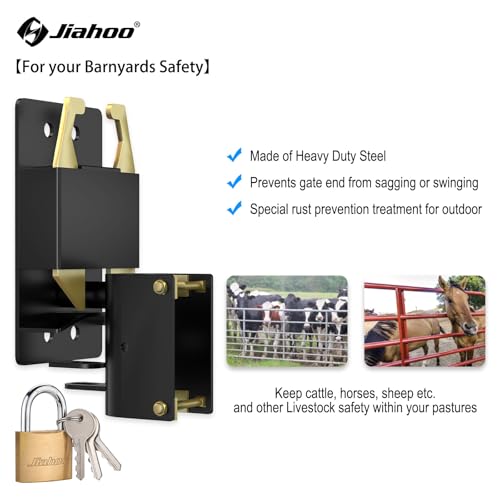 JIAHOO 2 Way Farm Gate Latch, Heavy Duty Gate Latches for Metal Tube Gates, Two-Way Livestock Gate Latch Hardware for Cattle Gate Horse Corrals, Ranches, Pastures, Cages, with Brass Padlock & 3 Keys - style: Farm Gate Latch & Padlock