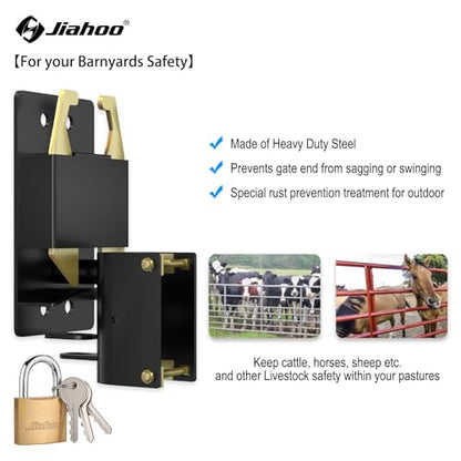 JIAHOO 2 Way Farm Gate Latch, Heavy Duty Gate Latches for Metal Tube Gates, Two-Way Livestock Gate Latch Hardware for Cattle Gate Horse Corrals, Ranches, Pastures, Cages, with Brass Padlock & 3 Keys - style: Farm Gate Latch & Padlock