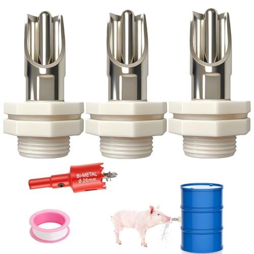 Pig Water Nipple for Barrel Watering Systems, 3-Pack Stainless Steel Bite-Activated Drinker with Brass Mounting Hardware for Swine, Goats and Livestock, Pig Waterer System Compatible