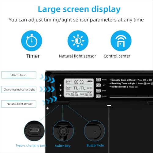 Automatic Chicken Coop Door Solar Powered Aluminum Alloy Light Sensor Timer Remote Control Auto Opener for Poultry Farm Backyard