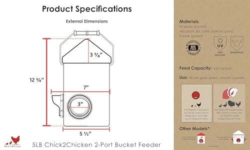 RentACoop Chick2Chicken 5lb 2-Port Feeder - Includes Anti-Roost Lid and Slider Port Covers - Suitable for Quail, Pigeons, Doves, Chicks, and Adult Chickens
