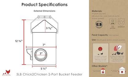 RentACoop Chick2Chicken 5lb 2-Port Feeder - Includes Anti-Roost Lid and Slider Port Covers - Suitable for Quail, Pigeons, Doves, Chicks, and Adult Chickens