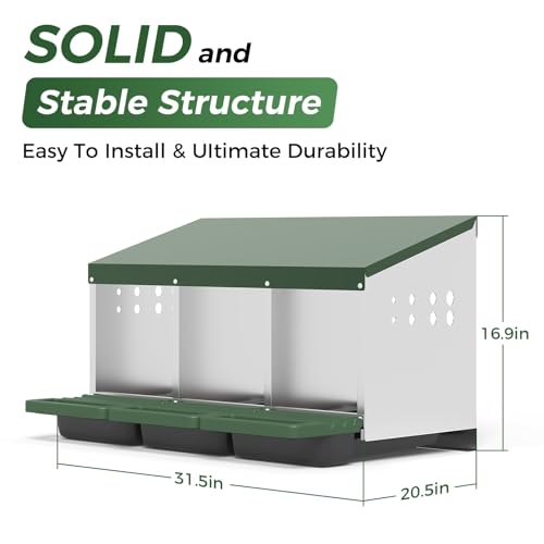 Metal Chicken Nesting Box – 3 Holes, Roll Away Egg Laying, Heavy Duty Galvanized Steel, Protective Lid, Wall Mounted or Freestanding, Easy Clean, Vented Pegboard Design, Green (Pegboard - color: Green, size: 3 Room&Mat Board