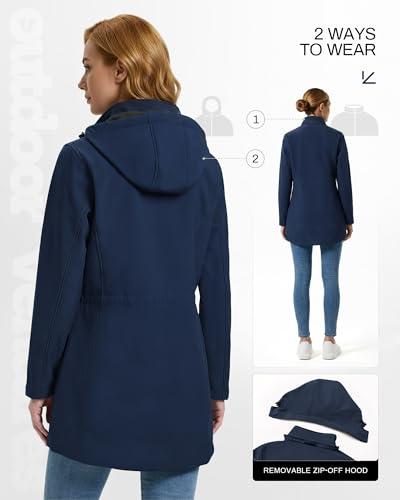 Outdoor Ventures Women's Softshell Jacket with Removable Hood Fleece Lined Windbreaker Insulated Long Warm Rain Jacket - color: Blue, size: Large