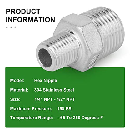 TAISHER 5PCS Cast 304 Stainless Steel Hex Nipple, Reducer Pipe Fitting 1/2-Inch Male Pipe x 1/4-Inch Male Pipe - size: 1/2" NPT x 1/4" NPT