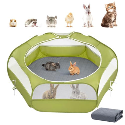 2-in-1 Small Animals Playpen with Pad, Waterproof Small Pet Cage Tent with Reusable Pad, Portable Outdoor Yard Fence with 3 Metal Rod for Chick/Kitten/Puppy/Guinea Pig/Rabbits/Chinchillas, Green+Gray - color: U-Green+Gray