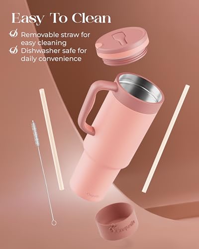40 oz Insulated Tumbler with Handle and Push-Button Straw Lid, Stainless Steel Travel Cup for Gym Office, Leakproof, BPA-Free, Cup Holder Friendly, Bow Silicone Boot, (Peach Roasted) - color: Peach Roasted
